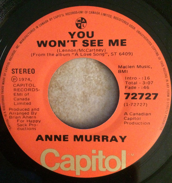 Anne Murray : You Won't See Me / He Thinks I Still Care (7", RE)