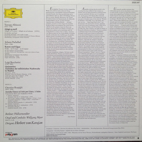 Tomaso Albinoni, Johann Pachelbel, Luigi Boccherini, Ottorino Respighi - Berliner Philharmoniker, Herbert von Karajan : Adagio (LP)