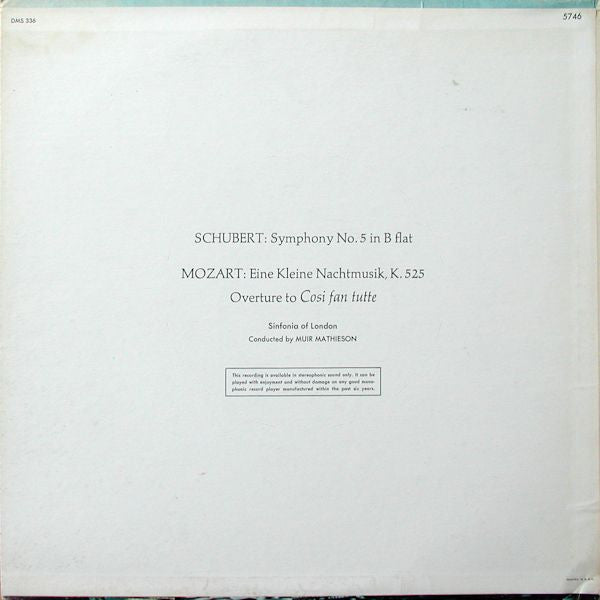 Franz Schubert ; Wolfgang Amadeus Mozart ; The Sinfonia Of London ; Muir Mathieson : Symphony No. 5 In B Flat / Eine Kleine Nachtmusik, K. 525 • Overture To Così Fan Tutte (LP, Album)