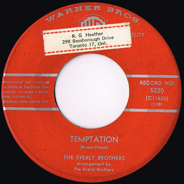 Everly Brothers : Temptation / Stick With Me Baby (7", Single)