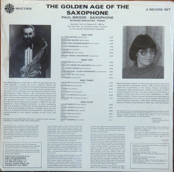 Paul Brodie Myriam Shechter The Golden Age Of The Saxophone 1915 to 1930 2xLP Very Good Plus VG