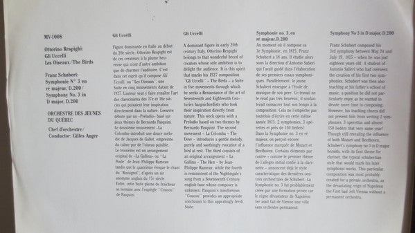 Ottorino Respighi / Franz Schubert - L'Orchestre Des Jeunes Du Québec, Gilles Auger : Gli Uccelli • Les Oiseaux • The Birds / Symphonie № 3 En Ré Majeur • Symphony No.3 In D Major  (LP)