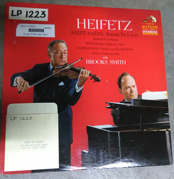 Jascha Heifetz : Heifetz Saint-Saens: Sonata No.1 Sibelius: Nocturne Wieniawski: Capriccio-Valse With Brooks Smith (LP, Mono)