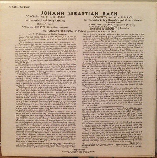 Johann Sebastian Bach - Maria Van Der Lyck, Stuttgart Tonstudio Orchestra, Hans Michael : Harpsichord Concerto No. 3 In D Major / Harpsichord Concerto No. 6 In F Major (LP)