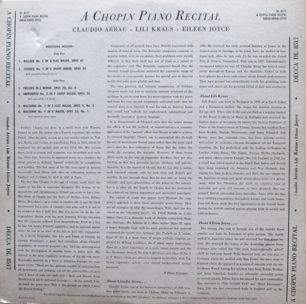 Frédéric Chopin, Claudio Arrau, Lili Kraus, Eileen Joyce : A Chopin Piano Recital (LP)