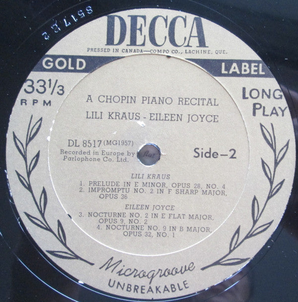 Frédéric Chopin, Claudio Arrau, Lili Kraus, Eileen Joyce : A Chopin Piano Recital (LP)