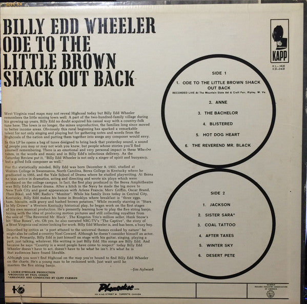 Billy Edd Wheeler : Memories Of America (LP, Album, Mono)