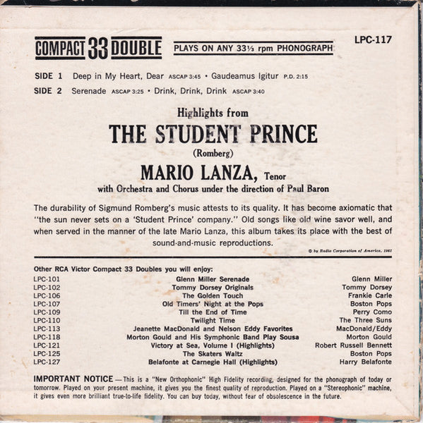 Mario Lanza : The Student Prince (7", EP, Mono)
