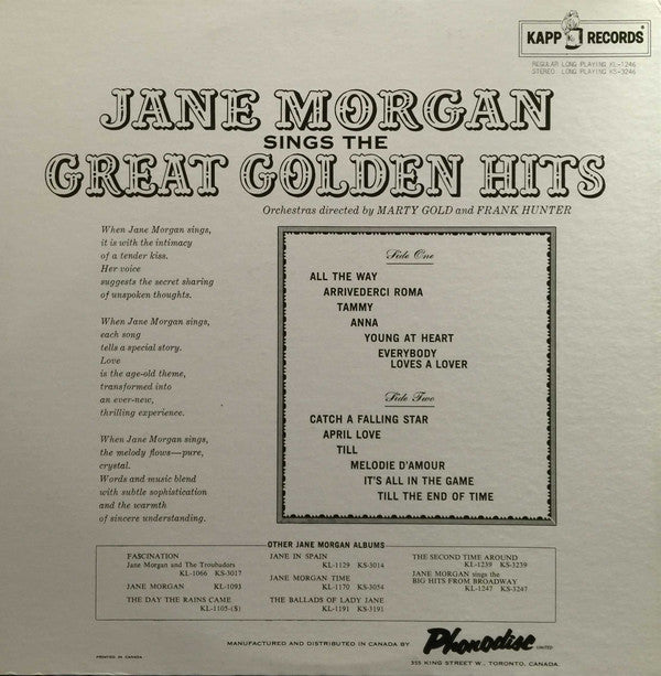 Jane Morgan : Jane Morgan Sings The Great Golden Hits (LP, Album)