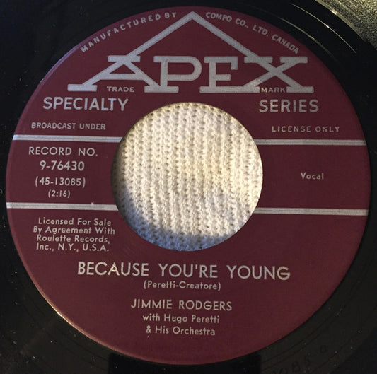 Jimmie Rodgers (2) : Because You're Young / I'm Never Gonna Tell (7", Single)