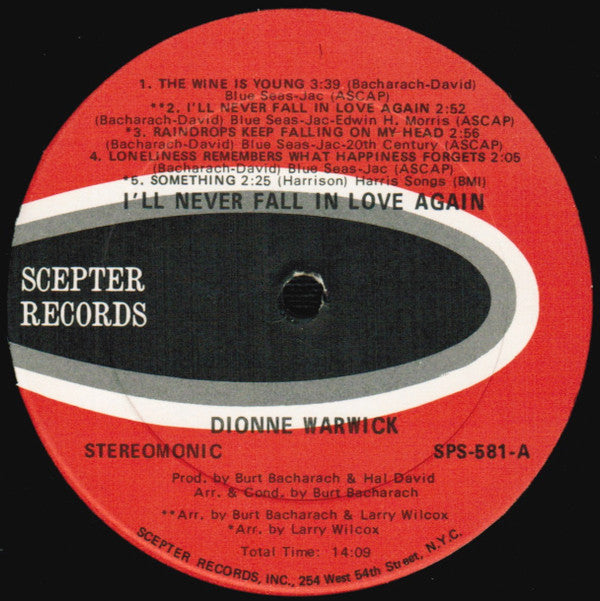 Dionne Warwick : I'll Never Fall In Love Again (LP, Album, Kee)
