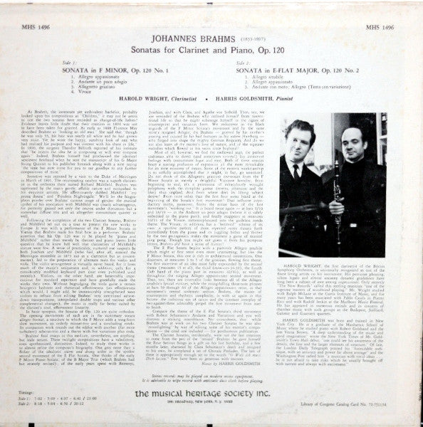 Harold Wright, Harris Goldsmith : Brahms: Two Sonatas For Clarinet And Piano (LP)