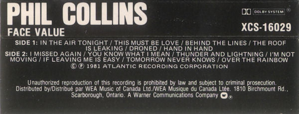 Phil Collins : Face Value (Cass, Album, RE, Dol)