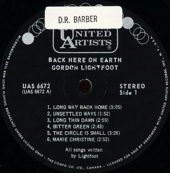 Gordon Lightfoot : Back Here On Earth (LP, Album)