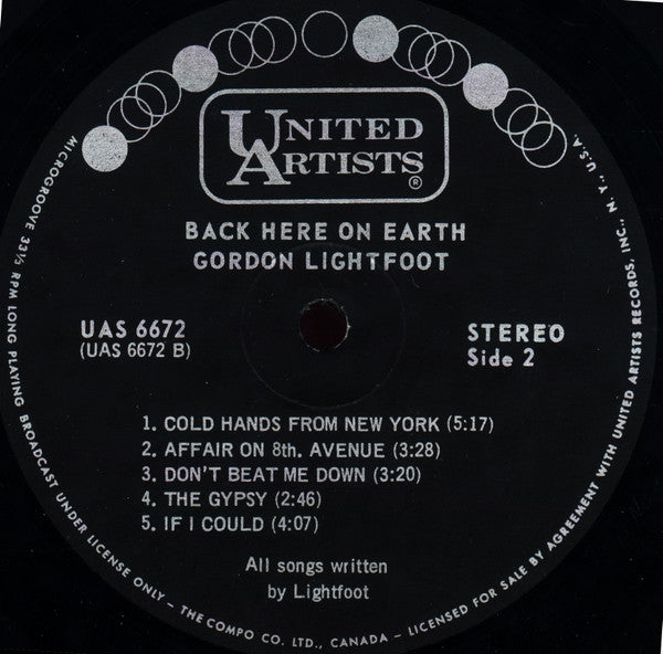 Gordon Lightfoot : Back Here On Earth (LP, Album)