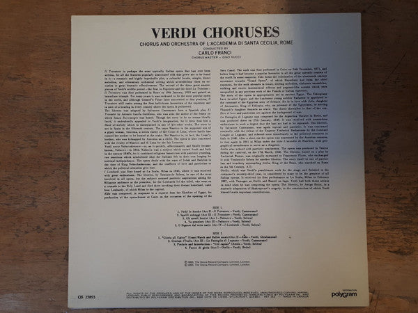 Verdi* - The Chorus* And Orchestra Of L'Accademia Di Santa Cecilia, Rome*, Carlo Franci : Verdi Choruses (LP, Album, RE)