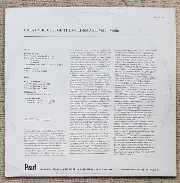 Eugène Ysaÿe / Pablo de Sarasate / Joseph Joachim / Mischa Elman / Maud Powell : Great Virtuosi Of The Golden Age - Volume 1 - Violin (LP, Comp, Mono)